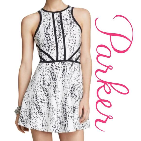 Parker Shelby White And Black Neoprene look Womens Mini Dress M - Picture 1 of 11